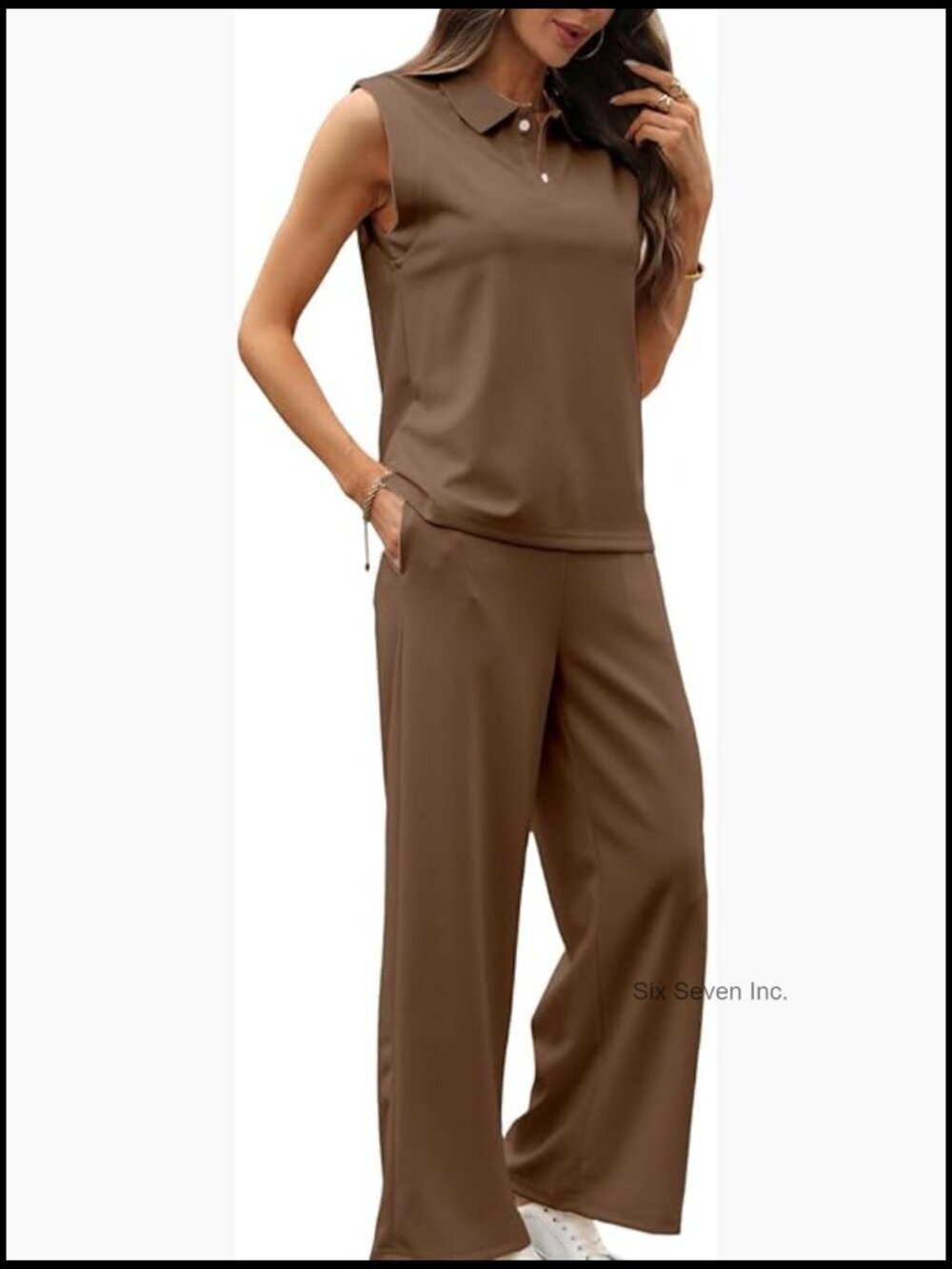 Polo Collar High Waisted Wide Leg Pant Sets with Deep Pockets Soft Lounge S-2XL
